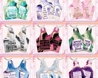May include: A collection of inspirational keychains with various designs and quotes. The keychains feature marble-like backgrounds in shades of blue, green, pink, and purple. Each keychain has a metal ring for attachment.