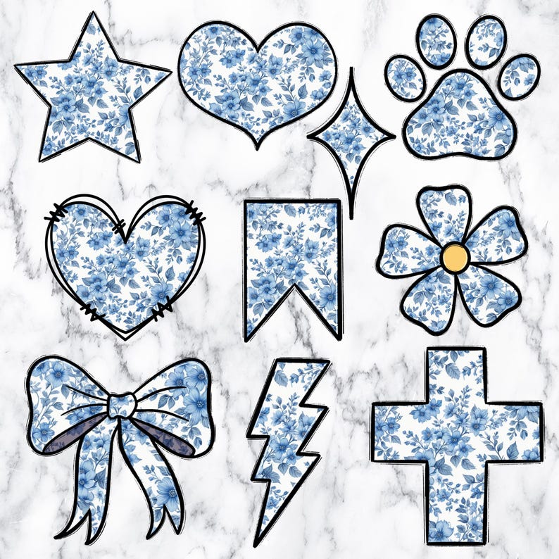 Chinoiserie Floral Doodle Letters PNG Bundle, Blue Toile Alpha Clipart ...