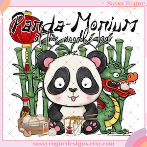 Panda-Monium sublimatie ontwerp, Panda Noodles shirt ontwerp, schattig grappig ontwerp voor moeders shirt populaire sublimatie shirt trui ontwerp PNG
