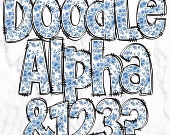 Chinoiserie Floral Doodle Letters PNG Bundle, Blue Toile Alpha Clipart, Blue and White Flower Floral Doodle, Sublimation Alpha Set PNG