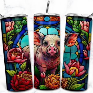 Cochon Vitrail 20oz Skinny Tumbler Sublimation Design Template, Téléchargement numérique, Vitrail PNG, Animal Nature Tumbler
