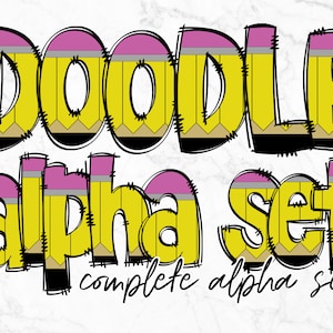 Pacote alfa de letras de doodle de lápis com envoltório de copo de 20 onças correspondente, alfabeto, copo magro de 20 onças, doodle desenhado à mão, conjunto alfa de sublimação