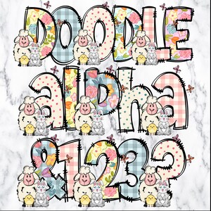 May include: A colorful graphic design featuring the words "DOODLE ALPHA 123" in a playful font. The letters and numbers are decorated with floral patterns, polka dots, and gingham. Sheep, bunnies, and chicks are interspersed throughout the design, with butterflies scattered around.