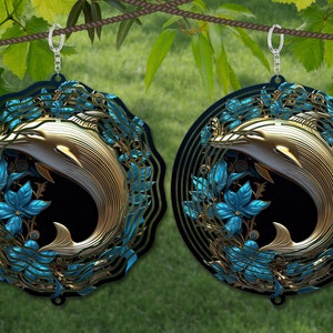 Delfin 3D Metall Wind Spinner Sublimation Design Vorlage, 3D Wind Spinner SVG, 10 Zoll Runde Sublimation, Runde hängende Spinner png