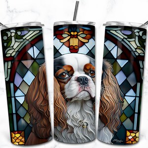 Plantilla de diseño de sublimación de vaso flaco de 20 oz de vidriera King Charles Cavalier, descarga digital, vidrieras PNG para perros, envoltura para amantes de las mascotas