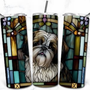 Shih Tzu Vitrail 20oz Skinny Tumbler Sublimation Design Template, Téléchargement numérique, Vitrail Chien PNG, Pet Lovers Wrap