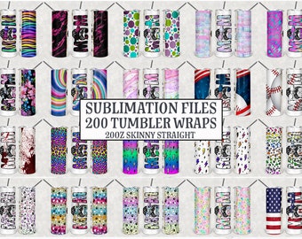 May include: 200 sublimation files for 20oz skinny straight tumblers. The designs include a variety of patterns, colors, and themes, such as floral, rainbow, marble, and animal print.
