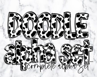 Cow Print Doodle Alphabet Letters PNG Bundle, Alphabet Clipart, Cow print Hand Drawn Doodle, Popular Sublimation Alpha Set Designs PNG