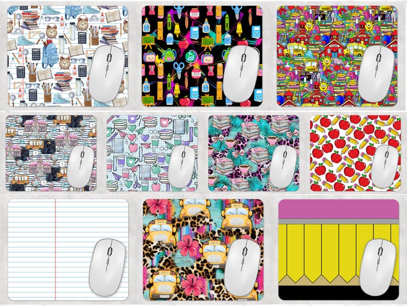 May include: Collection of mouse pads with various school-themed designs. Includes pads with books, pencils, apples, school buses, and lined paper. Each pad has a white wireless mouse. The pads feature vibrant colors and patterns.