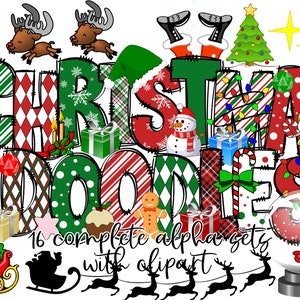 Letras de garabatos navideños, imágenes prediseñadas navideñas, fuente de sublimación de Papá Noel, png navideño, alfabeto de garabatos navideños, reno de Papá Noel para sublimación navideña