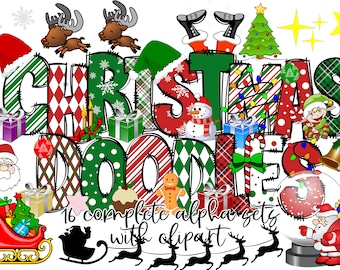 Christmas Doodle Letters, Christmas Clipart, Santa Sublimation Font, Christmas png, Xmas Doodle Alphabet, Holiday Sublimation Reindeer Santa