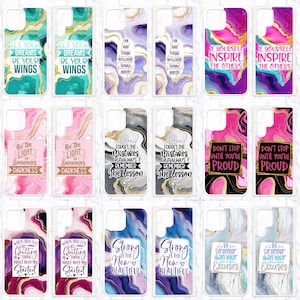 May include: A selection of phone cases with motivational quotes and abstract patterns. The cases display phrases such as "Let Your Dreams Be Your Wings," "Be Yourself, Inspire The Others," and "Don't Stop Until You're Proud." The cases have a marble-like appearance.