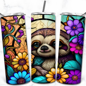 Paresseux Vitrail 20oz Skinny Tumbler Sublimation Design Template, Téléchargement numérique, Vitrail PNG, Animal Nature Tumbler
