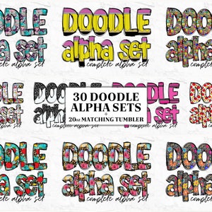 Paquete de letras alfa de Doodle con envoltorio para vaso de 20 oz a juego, alfabeto, vaso delgado de 20 oz, garabatos dibujados a mano, diseños de conjunto de letras de sublimación