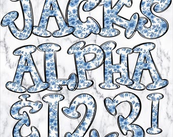 Chinoiserie Floral Doodle Letters PNG Bundle, Blue Toile Alpha Clipart, Blue and White Flower Floral Doodle, Sublimation Alpha Set PNG