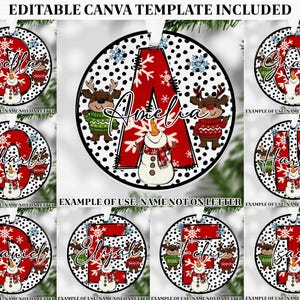 May include: Christmas ornaments with a red letter design, featuring a snowman and reindeer. The ornaments have a black and white polka dot background and include the text "EDITABLE CANVA TEMPLATE INCLUDED".