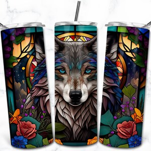 Wolf Stained Glass 20oz Skinny Tumbler Sublimation Design Template, Téléchargement numérique, Vitrail PNG, Animal Nature Tumbler