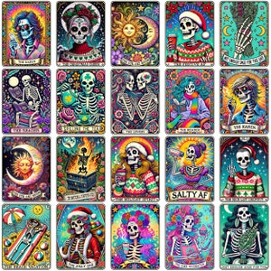 May include: A set of 16 colorful tarot cards featuring skeletons in various poses and settings. The cards have a whimsical and humorous tone, with titles like "The Karen", "The Jolly One", and "The Nice List Dropout".
