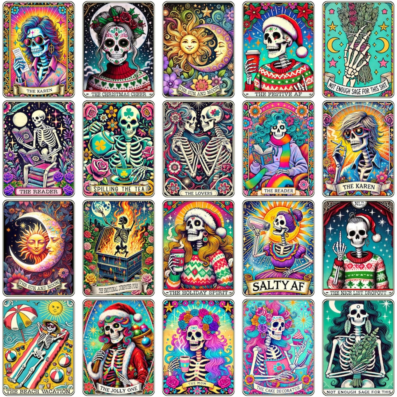 May include: A set of 16 colorful tarot cards featuring skeletons in various poses and settings. The cards have a whimsical and humorous tone, with titles like "The Karen", "The Jolly One", and "The Nice List Dropout".