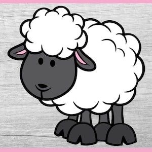 May include: A cartoon illustration of a white sheep with a black face and hooves. The sheep is standing on a gray wooden background.