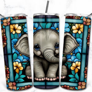 Modèle de conception de sublimation de gobelet maigre 20 oz vitrail éléphant mignon, téléchargement numérique, vitrail PNG, gobelet Nature animale