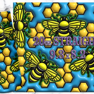 May include: A 20 oz straight tumbler with a honeycomb pattern and bees. The tumbler is 9.3 inches by 8.2 inches.