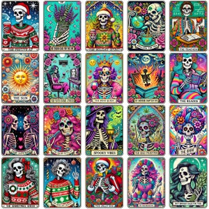 May include: A set of 16 colorful tarot cards featuring skeletons in various poses and settings. Each card has a title and a unique design. The cards are perfect for a spooky or whimsical tarot reading.