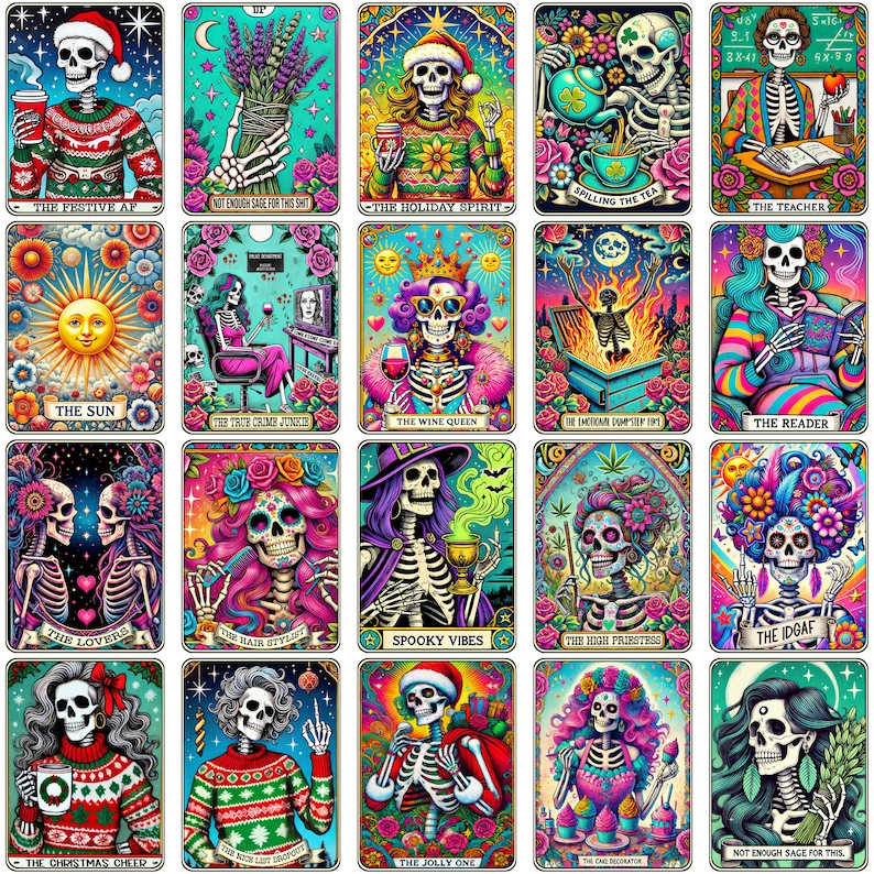 May include: A set of 16 colorful tarot cards featuring skeletons in various poses and settings. Each card has a title and a unique design. The cards are perfect for a spooky or whimsical tarot reading.