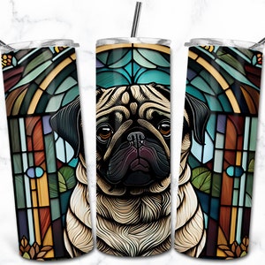 Carlin vitrail 20 oz gobelet maigre Sublimation modèle de conception, téléchargement numérique, vitrail chien PNG, amoureux des animaux de compagnie Wrap