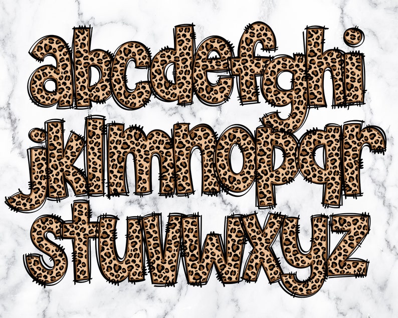 May include: A set of uppercase letters in a leopard print pattern with a black outline. The letters are in a bold, blocky font.