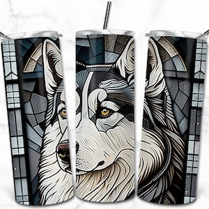 Husky Stained Glass 20oz Skinny Tumbler Sublimation Design Template, Digital Download, Stained Glass Dog PNG, Pet Lovers Wrap