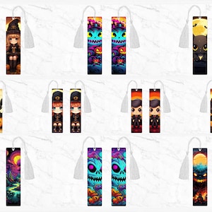 May include: A collection of Halloween-themed bookmarks. Each bookmark features a unique design, including witches, cats, skulls, and spooky landscapes. The bookmarks have a white tassel attached at the top. The color palette includes orange, purple, blue, and black.