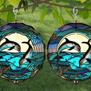 Modèle de conception de sublimation de vitrail de dauphin de vent Spinner, SVG de spinner de vent, sublimation ronde de 10 pouces, filateurs suspendus ronds png,