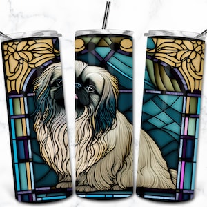 Modèle de conception de sublimation de gobelet maigre 20 oz en vitrail pékinois, téléchargement numérique, vitrail chien PNG, emballage pour les amoureux des animaux de compagnie