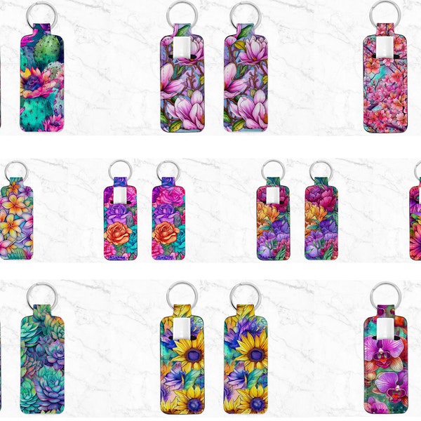 Floral Skinny Lip Balm Wristlet, Flower Keyring, Skinny Lipstick , Skinny Lipbalm, Lip Gloss Keyring Sublimation Design, Key Ring Tag Fob