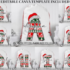 Letras de Navidad personalizadas para sacos de Papá Noel, letras personalizadas para medias de Papá Noel para niños, bolsa de sublimación de Papá Noel, alfabeto de Navidad con garabatos