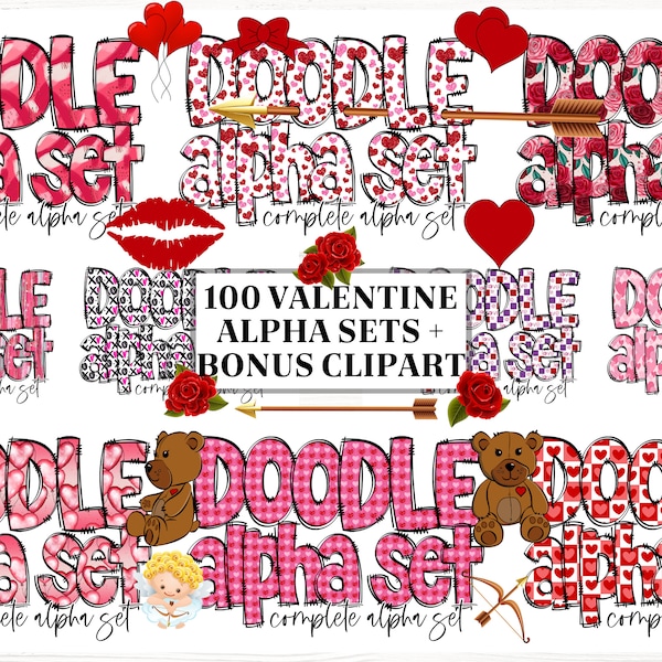 Valentijnsdag Doodle brieven met Clip Art PNG, Valentijnsdag Doodle Alfabet, Valentijnsdag Alfabet PNG, Valentijnsdag Letters, Maak je eigen naam