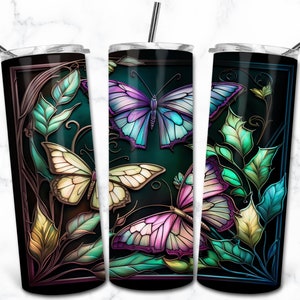 Papillon Vitrail 20oz Skinny Tumbler Sublimation Design Template, Téléchargement numérique Straight Tumbler Wrap PNG, Vitrail PNG
