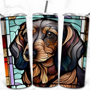 Teckel Vitrail 20oz Skinny Tumbler Sublimation Design Template, Téléchargement numérique, Vitrail Chien PNG, Pet Lovers Wrap