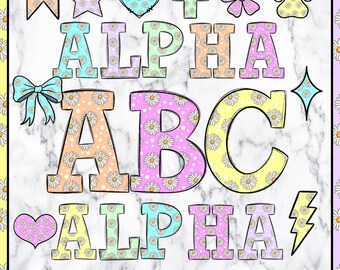 Daisy Doodle Letters Alphabet PNG Bundle, Flower Alphabet Clipart, Floral Hand Drawn Doodle, Popular Sublimation Alpha Set Designs PNG