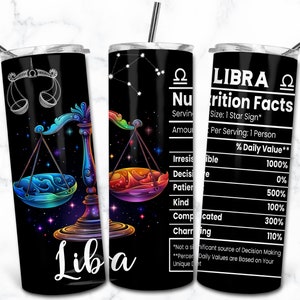 Design de sublimação de copo fino de 20 oz do zodíaco de Libra, nutrição do signo estelar, embalagem de copo astrológico PNG, astrólogo do signo celestial