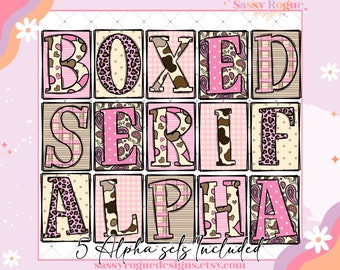 Doodle Alphabet Letters PNG Bundle, Western Alphabet Clipart, Boxed Serif Hand Drawn Doodle, Western Popular Alpha Set Designs PNG