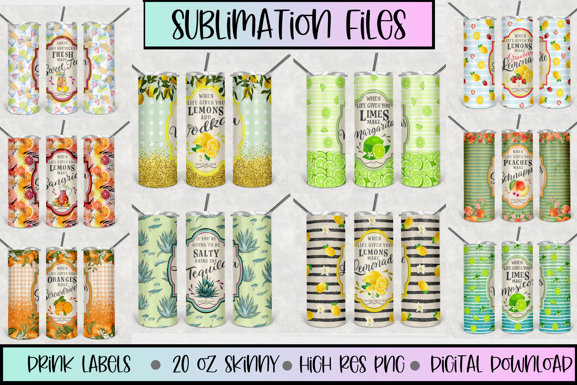 10 Lemonade Label 20oz Tumbler Designs,ation,Lemonade Label, Tequila Label, Margarita png, Mojito png, When life gives you Lemons, Retro.