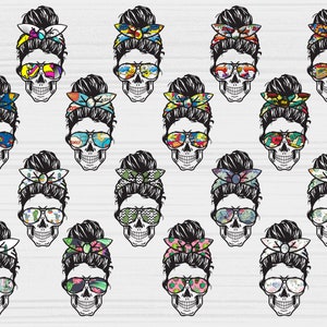 May include: A set of 20 digital clipart images featuring a skull with a messy bun and sunglasses. Each skull has a different patterned bandana. The skulls are black and white with colorful patterns on the bandana and sunglasses.