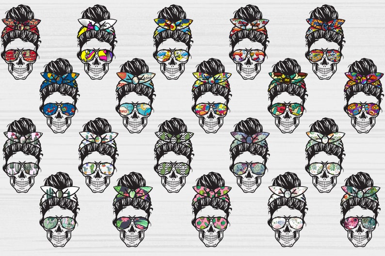 May include: A set of 20 digital clipart images featuring a skull with a messy bun and sunglasses. Each skull has a different patterned bandana. The skulls are black and white with colorful patterns on the bandana and sunglasses.