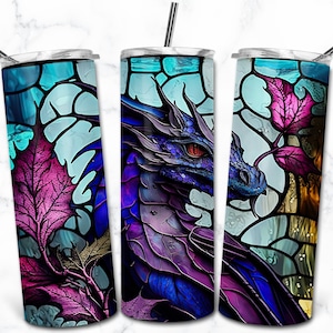 Dragon Stained Glass 20oz Skinny Tumbler Sublimation Design Template, Digital Download Straight Tumbler Wrap PNG, Stained Glass PNG