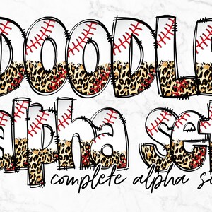 May include: Doodle alphabet set featuring a baseball and leopard print design. The letters are white with red stitching and a leopard print background. The text "complete alpha set" is written below the letters.