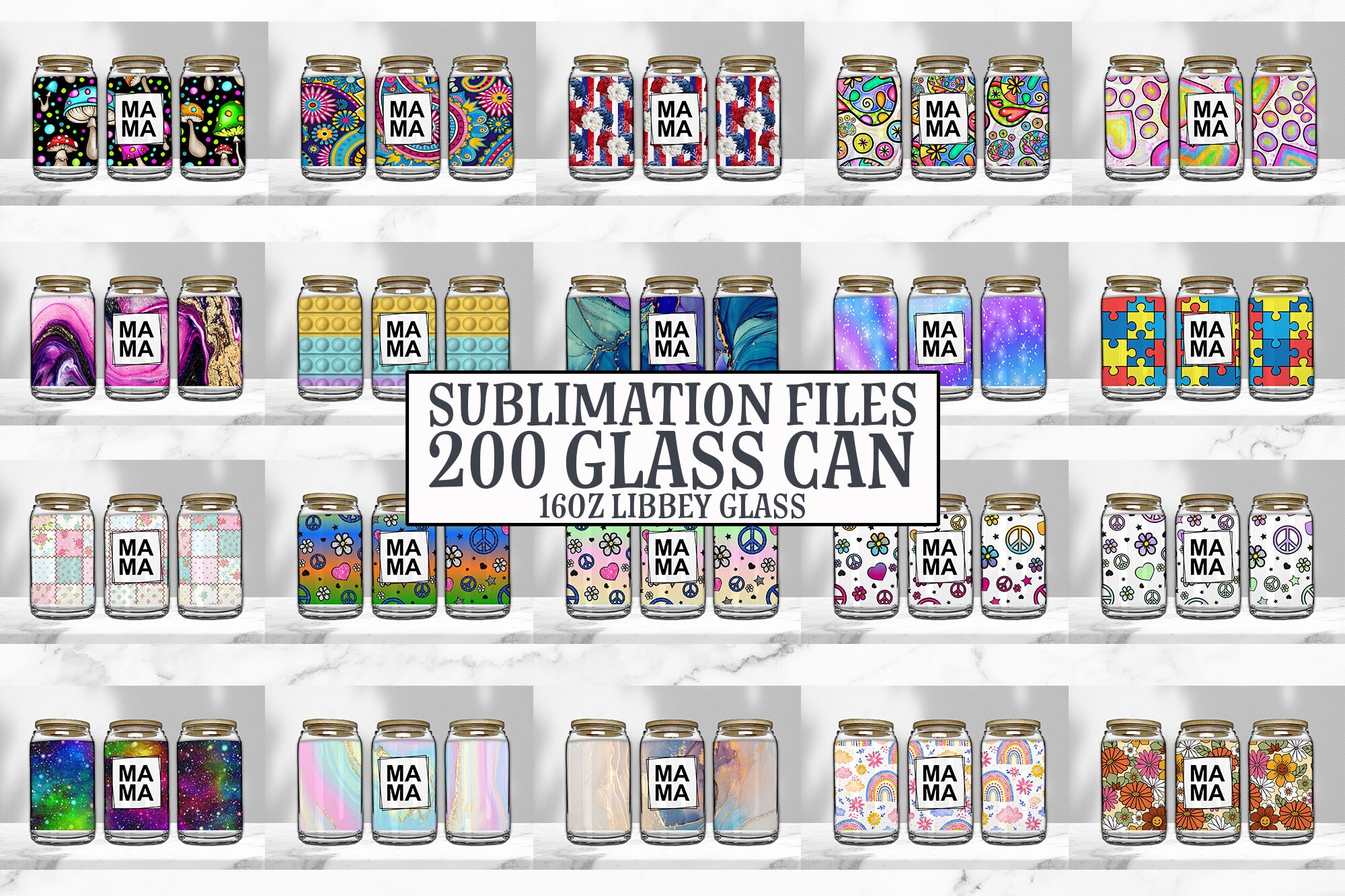16oz Glass Can Tumbler Sublimation Design Bundle, Glass Can Wrap Png ...