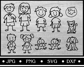 Pacchetto SVG di Stick Figure Family, Stick People svg, Stick Family svg, versione in bianco e nero, design a sublimazione, Cricut svg, cameo di silhouette