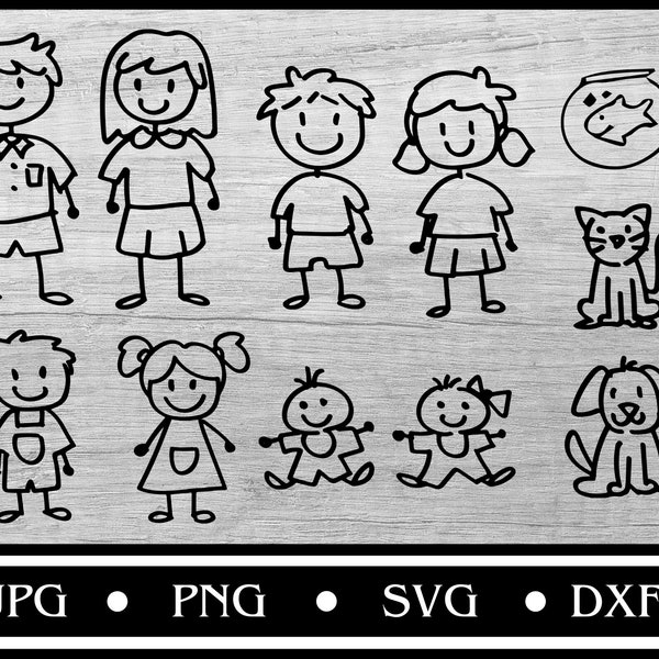 Pacchetto SVG Stick Figure Family, Stick People SVG, Stick Family SVG, Versione in bianco e nero, Design di sublimazione, Cricut SVG, Silhouette Cameo